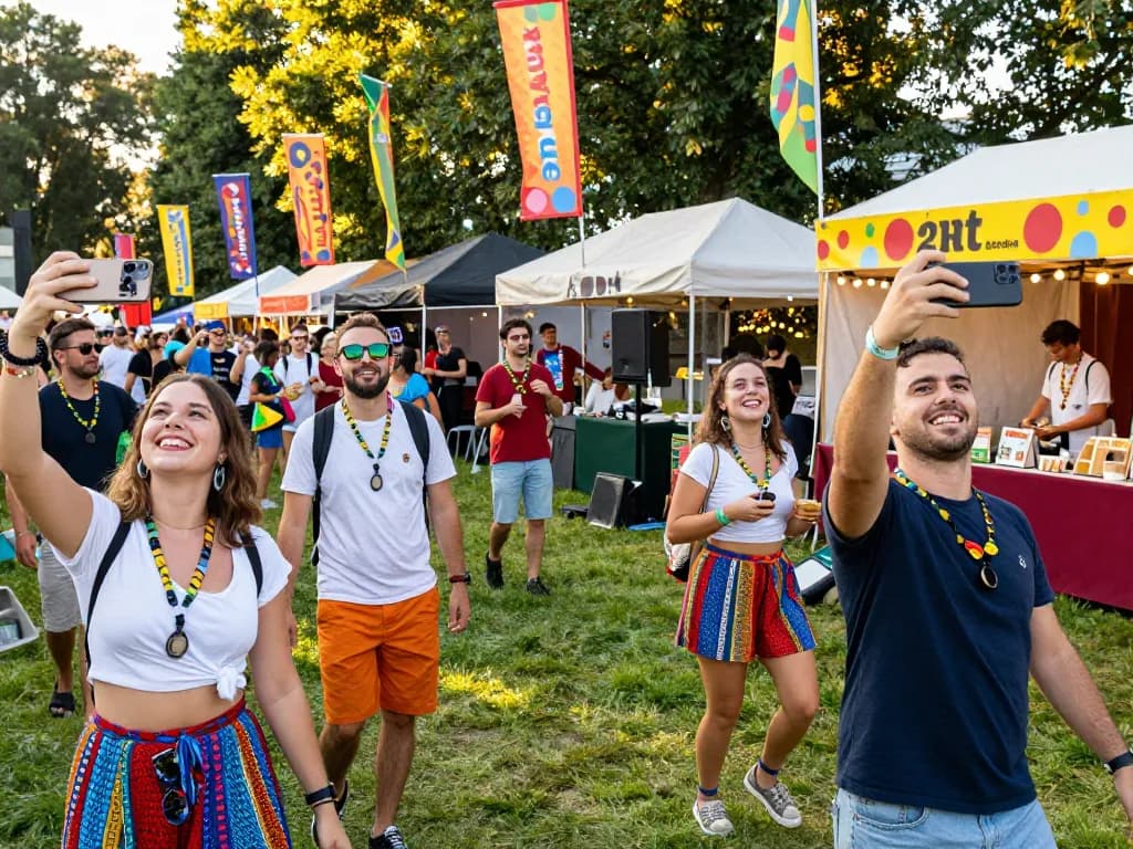 Vibrant festival scene with attendees wearing einlassbänder celebrating together