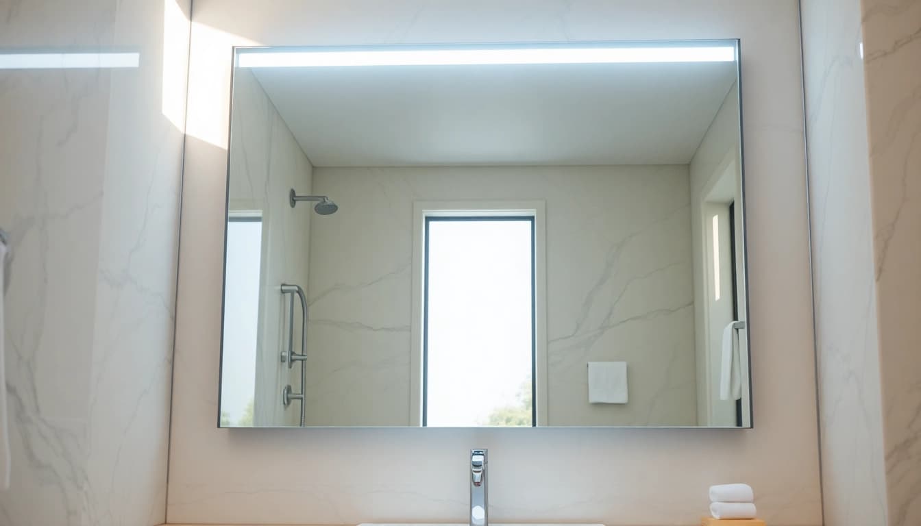 Enhance your space with mirror and led lights reflecting elegance and style in a modern bathroom.