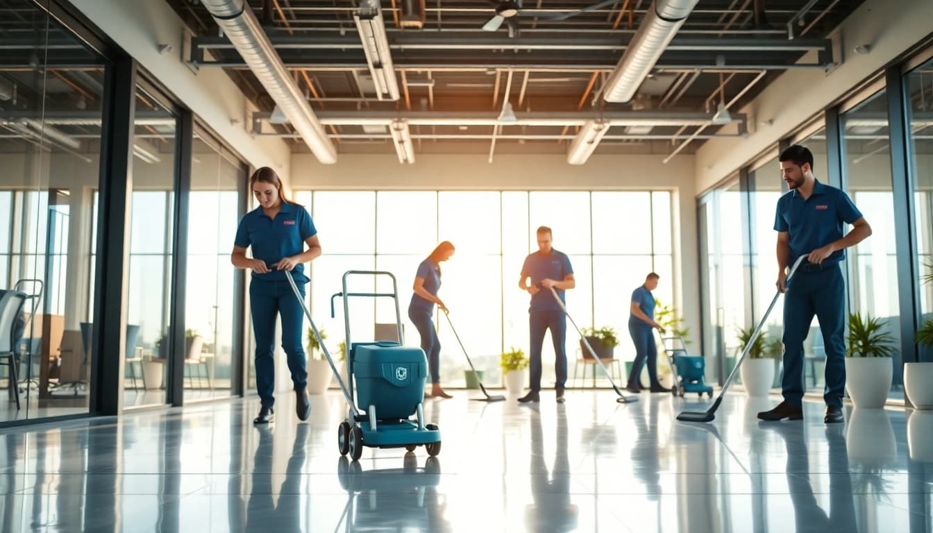 Engaging cleaning services calgary team in a bright office showcasing cleanliness and professionalism.