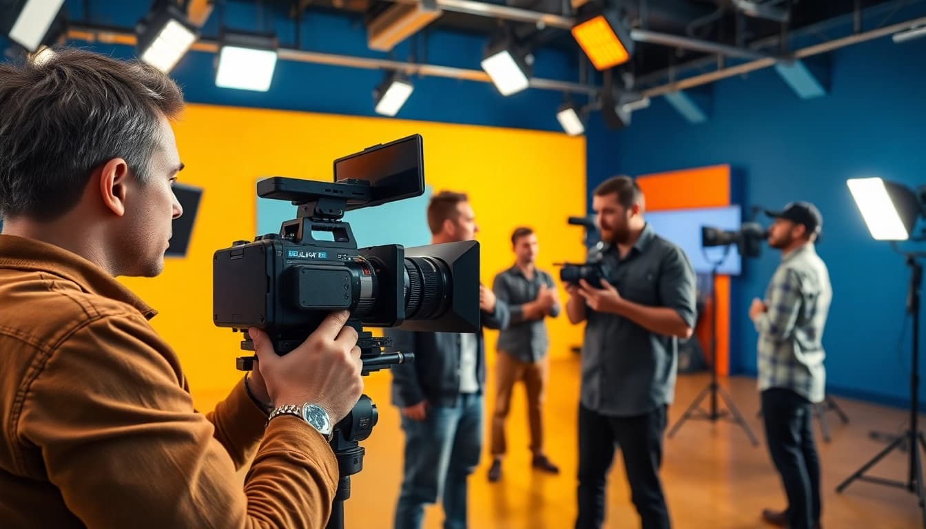 Engaging professional video production team actively creating dynamic visual content in a studio.