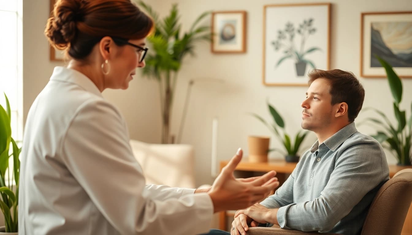 Therapist assisting a client dealing with stress and anxiety in a cozy office.