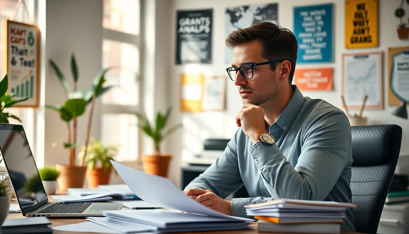 Consultant evaluating grants options with paperwork and technology in a professional office.