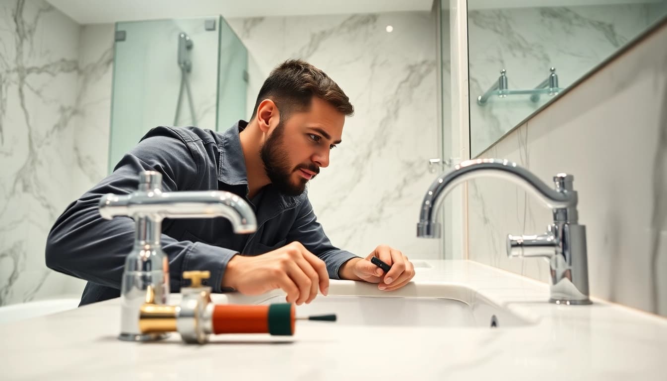 Find a qualified plumber near me fixing sink with tools in a bright bathroom.
