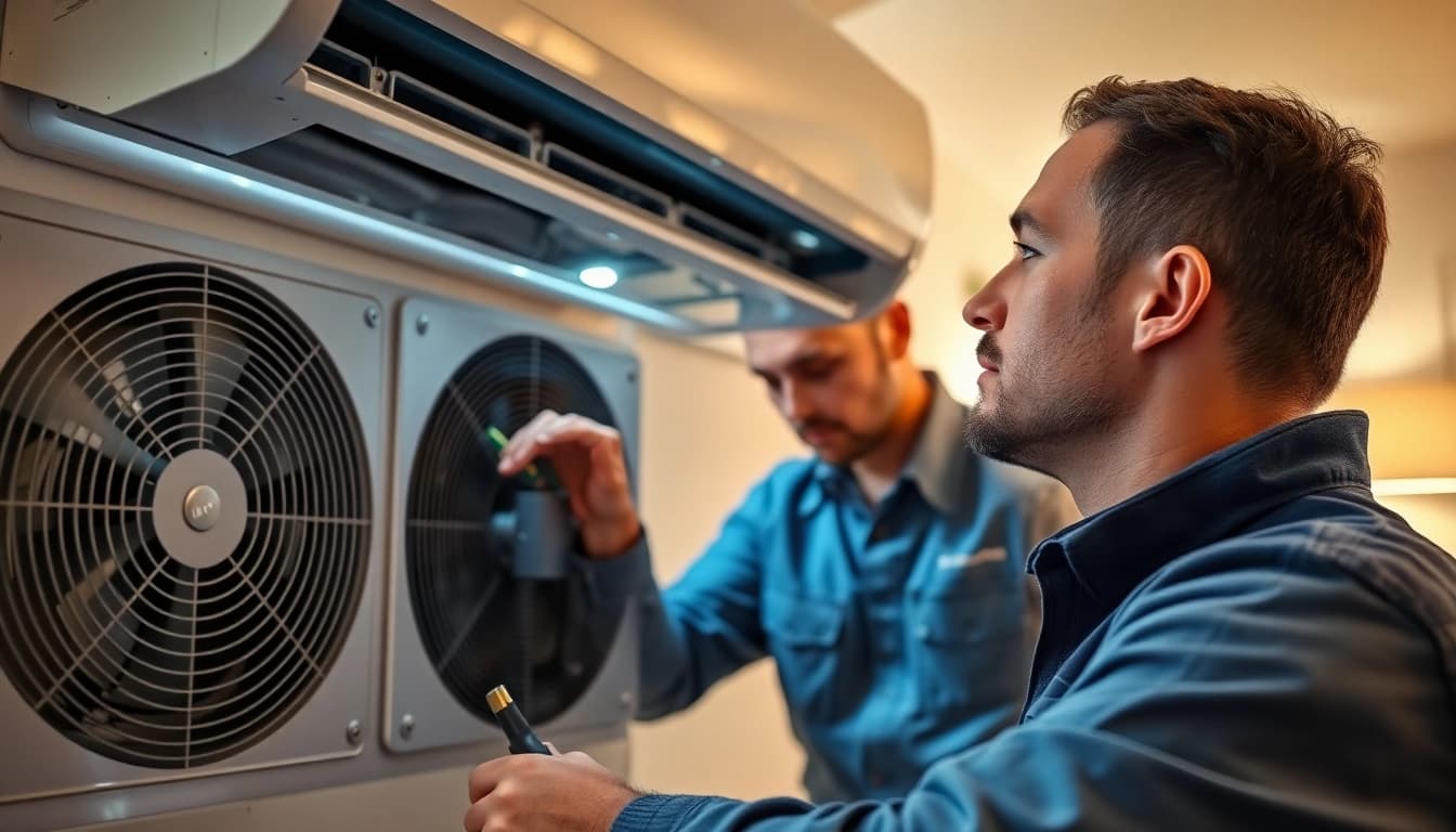 AC Repair Tampa technician repairing an air conditioning unit in a bright home setting.