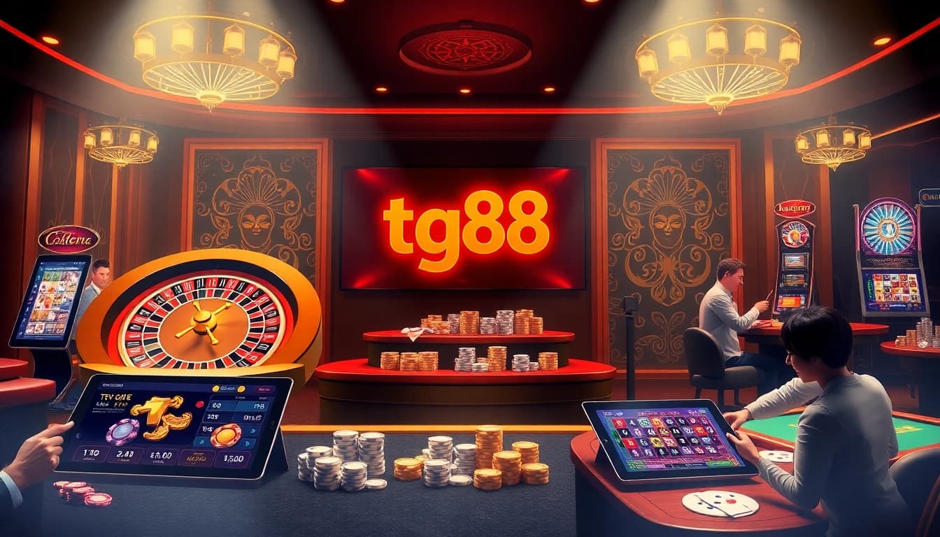 TG88 casino scene showcasing vibrant roulette wheel and engaging gaming tables for online gambling.