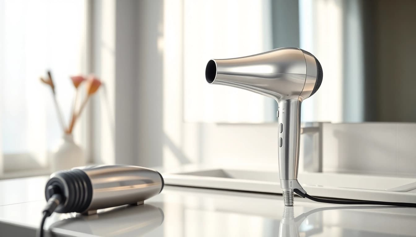 Ionic blow dryer showcasing sleek design and elegance in a well-lit vanity setting.