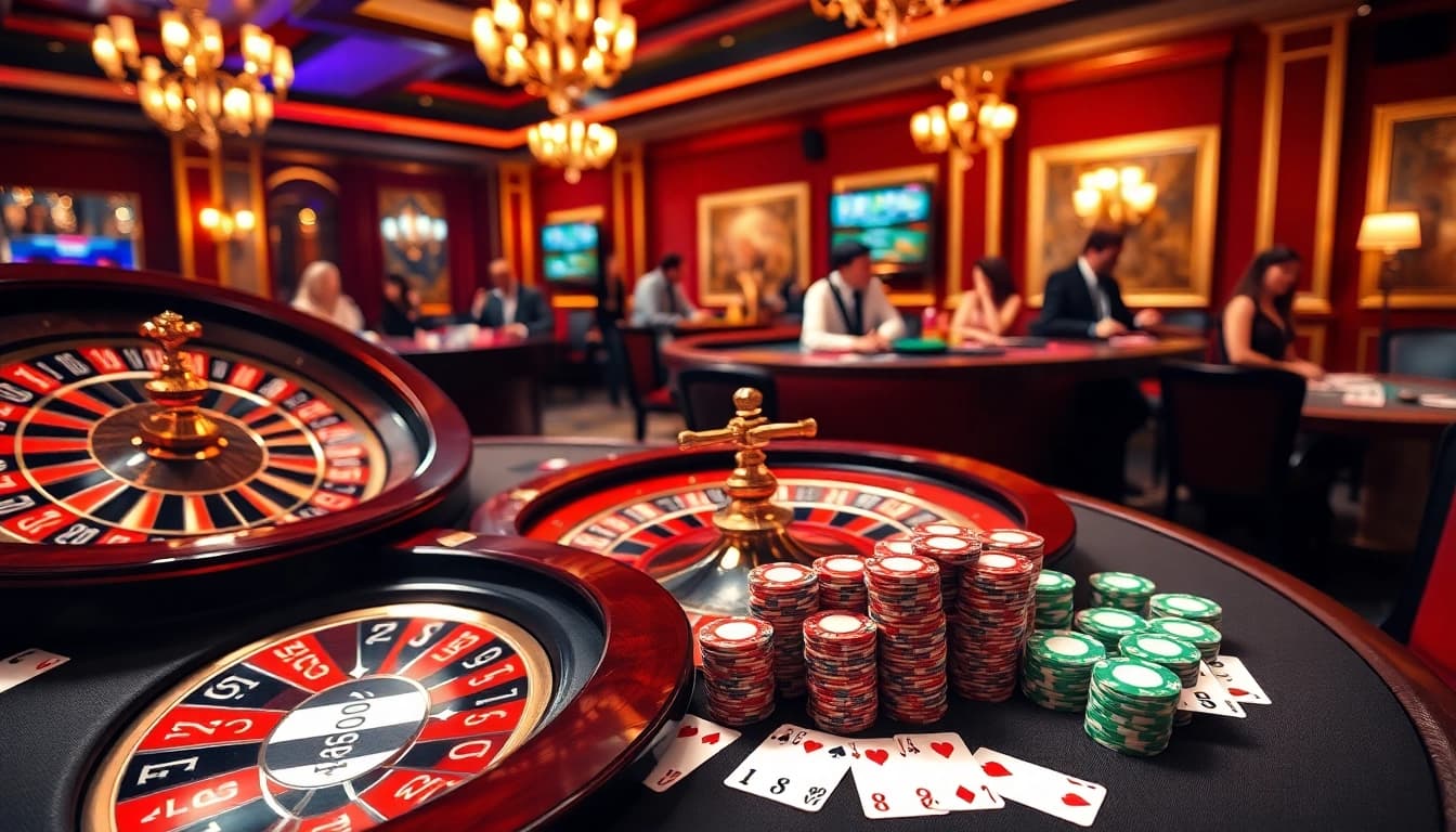 Experience the thrill of gambling at Nhà cái PS99 with vibrant casino imagery featuring roulette and poker chips.