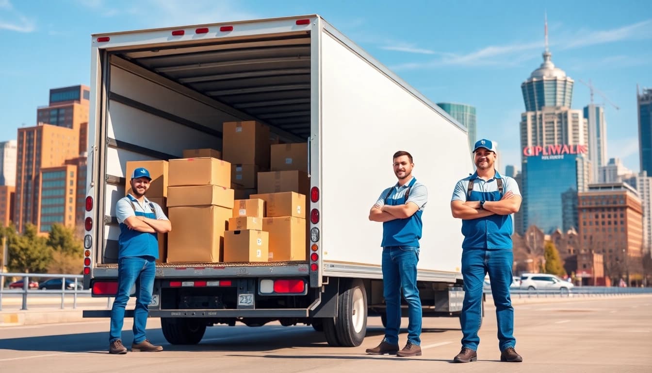 Reliable long distance movers Calgary assisting with a packed moving truck amidst Calgary's skyline.