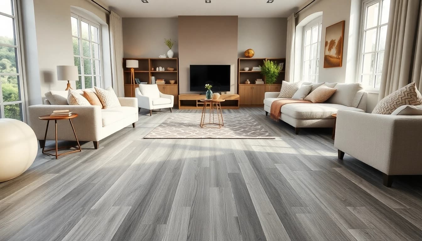 Showcasing grey vinyl flooring in an inviting living room with elegant decor and natural light.