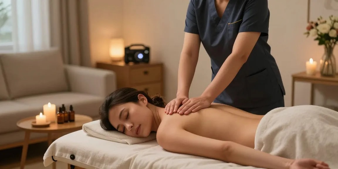 부평출장마사지 service featuring a professional masseuse providing a relaxing massage in a serene home environment.