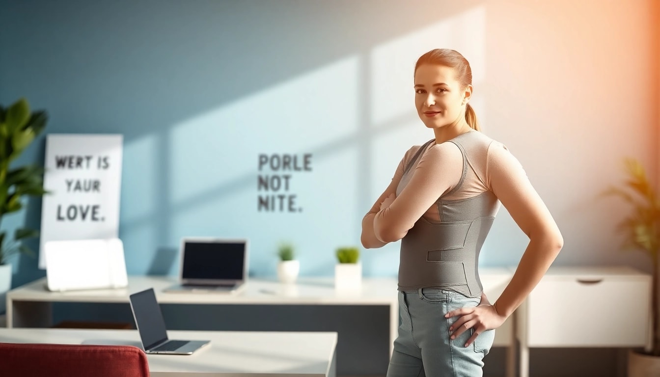 Model demonstrating effective posture with a posture corrector in a modern office setting.