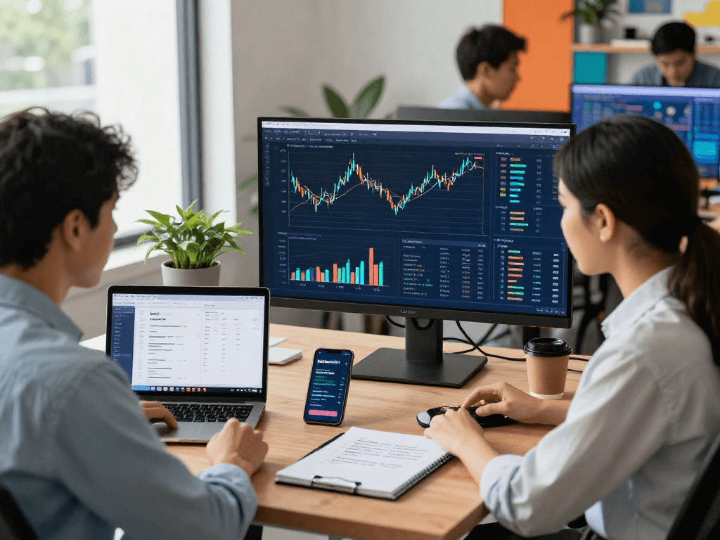 Financial professional analyzing debet management data in a modern workspace with digital banking charts.