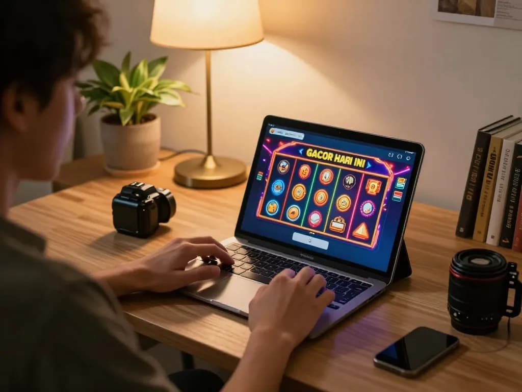 Engaging with slot gacor hari ini through an online gaming tablet in a cozy home setting