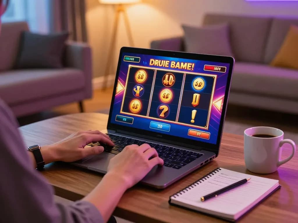 Engaging user playing situs slot online on a laptop in a cozy home setting.
