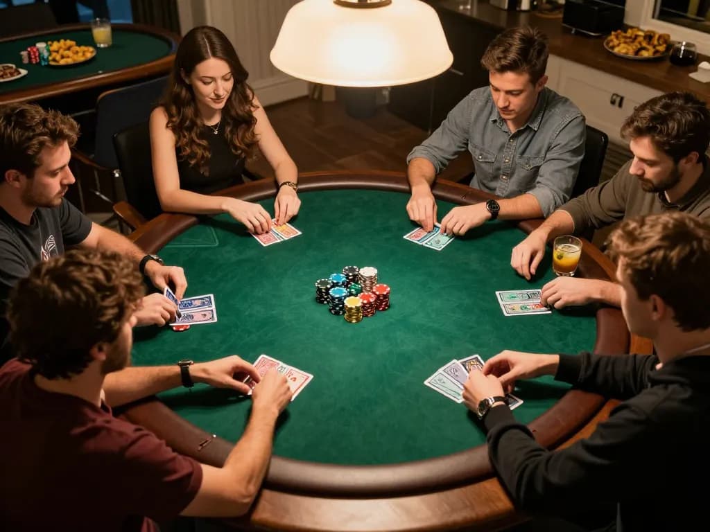 Exciting home poker night scene showcasing players engaged in strategy for their next move with rokok88 link alternatif prominently utilized.