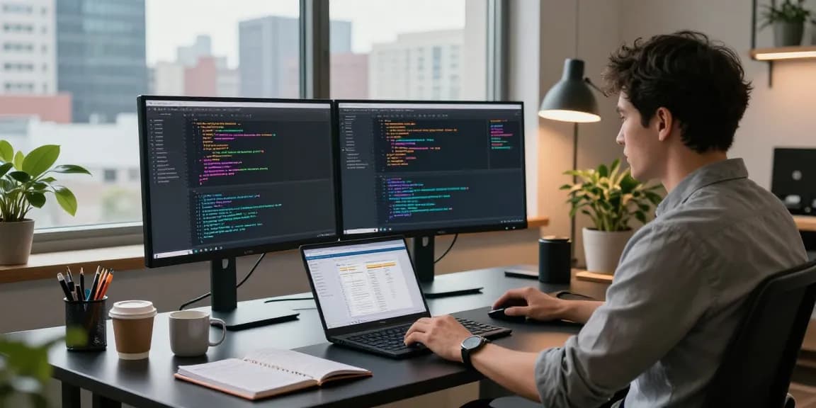 Developer coding in a modern workspace showcasing WPS Official Website interface.