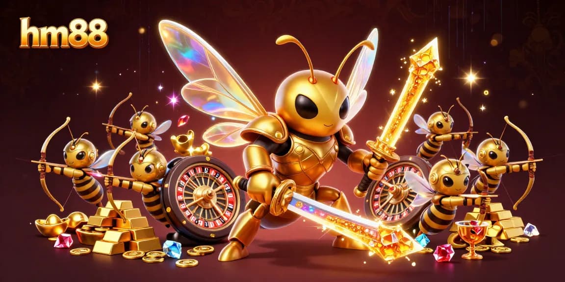 hm88 gaming characters celebrate with roulette wheels and gold in a vibrant casino scene