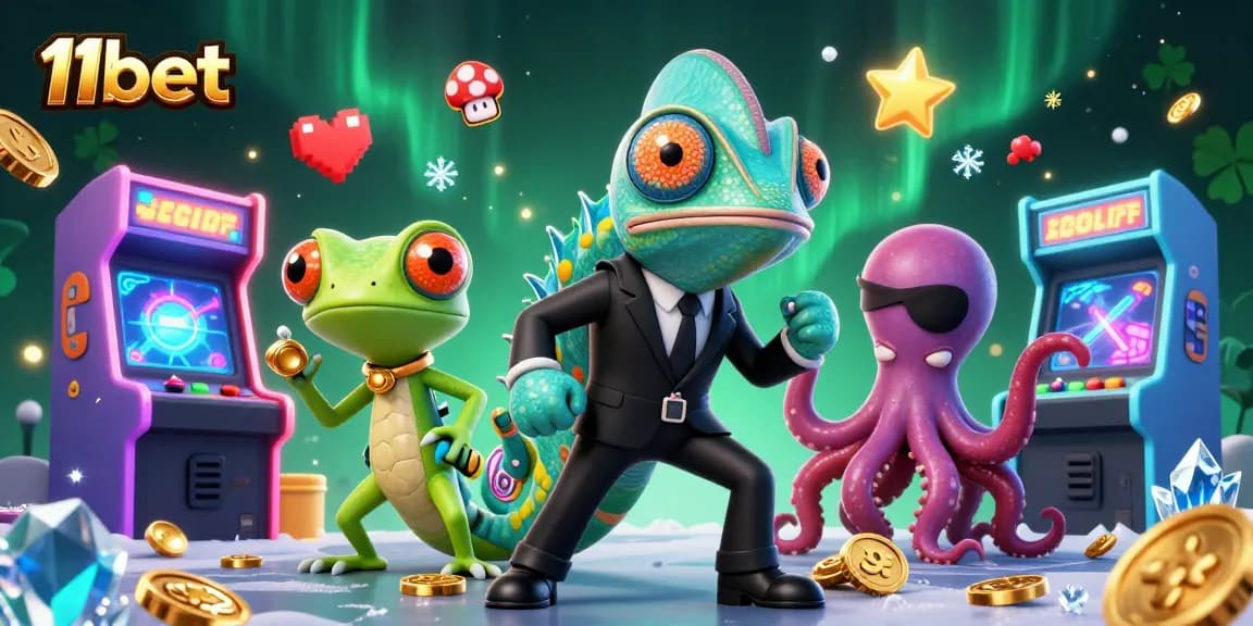 Experience thrilling gameplay at 11bet with a vibrant casino illustration featuring colorful characters and game elements.
