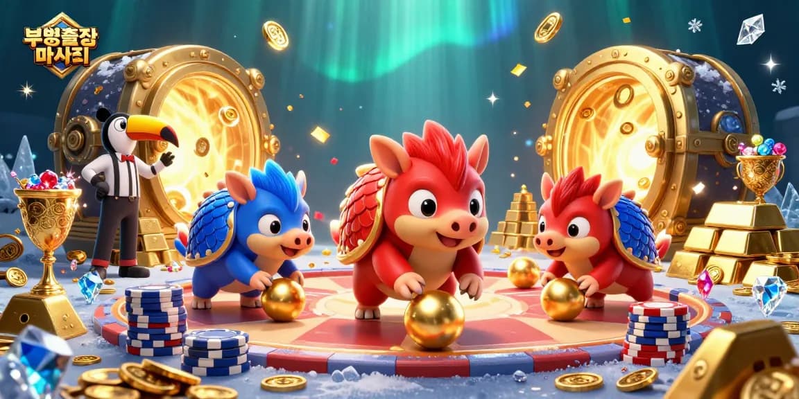 Experience the excitement of 부평출장마사지 as rival pangolins roll golden balls through poker chips in a vibrant gaming scene.