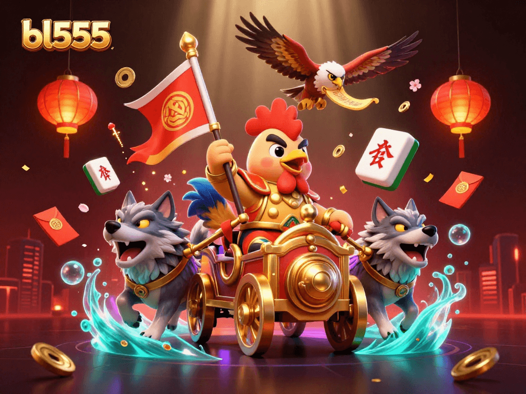 Engage in thrilling gameplay at bl555 with dynamic scenes of a rooster warlord and golden elements.