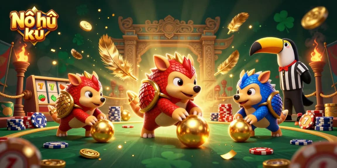 Nổ hũ: 3D illustration of rival pangolins competing in a vibrant casino game scene.