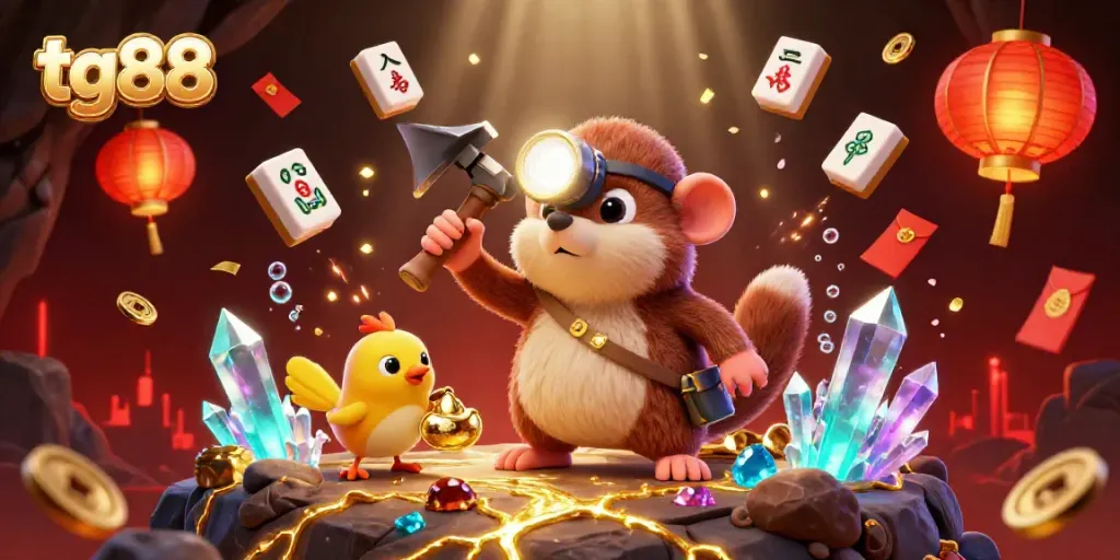 Experience excitement at tg88 with a vibrant 3D illustration of treasure hunting in a glimmering casino cave full of riches.