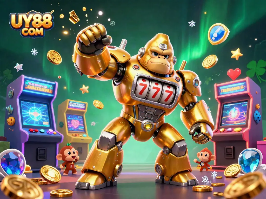 Experience dynamic action with UY88 COM featuring a golden gorilla mech as it punches up coins in this vibrant casino illustration.