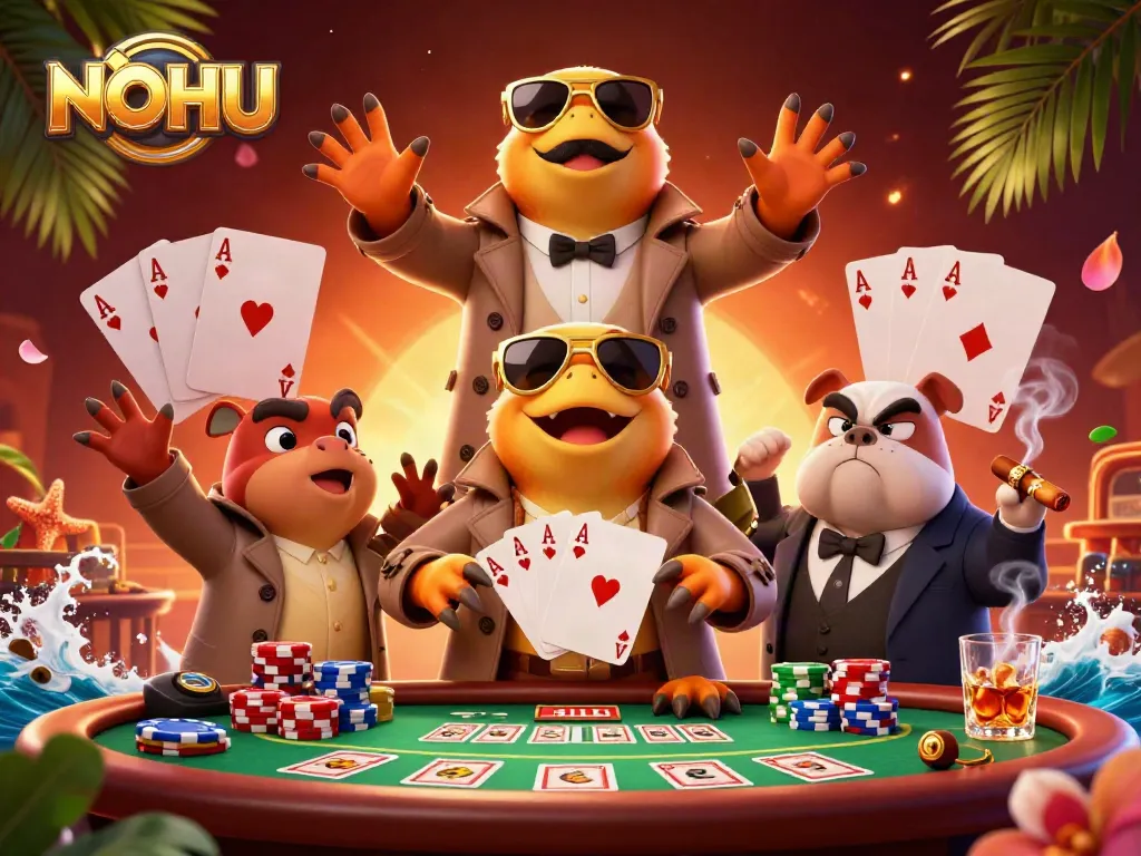 NOHU raptors entering VIP casino lounge with poker winnings and dynamic game elements