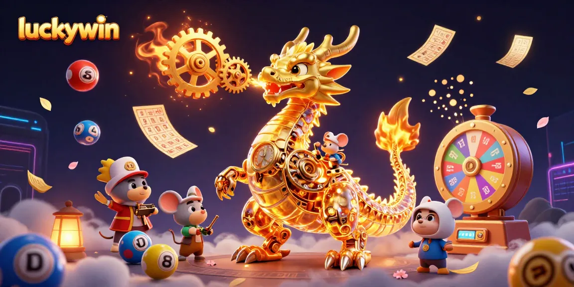 Immerse in the vibrant luckywin universe with an energetic dragon and lottery excitement.