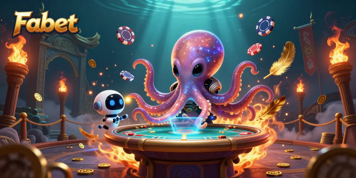 Play poker at Fabet with a vibrant octopus and robot amidst galactic-themed casino chaos.