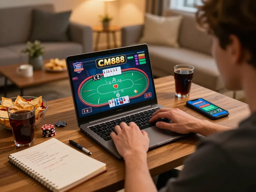 Player enjoying CM88 poker game on laptop in a cozy home setting, showcasing strategic engagement.