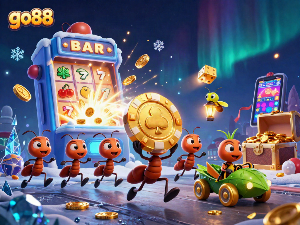 Join the fun at go88 with playful ants heisting a massive poker chip in a colorful casino scene.