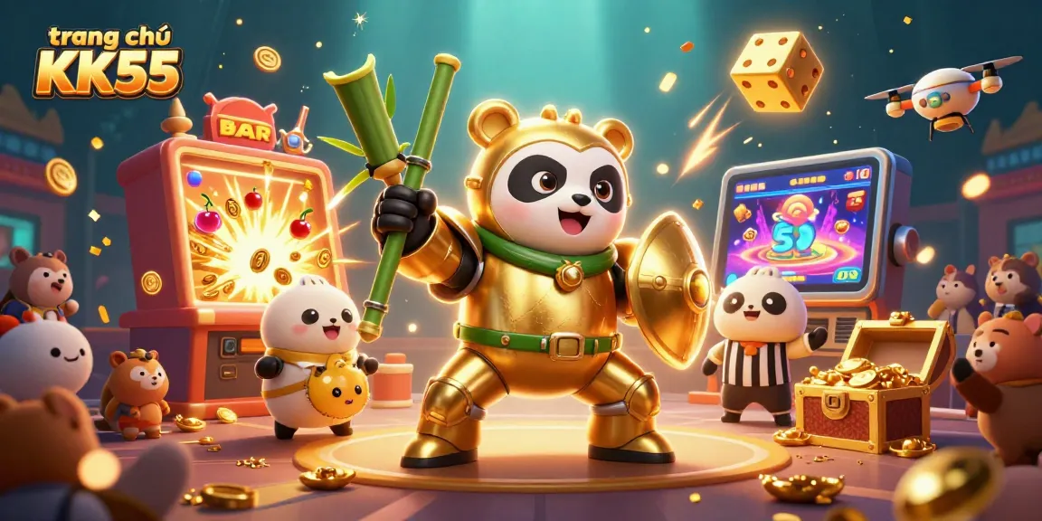 Engage with the dynamic world of trang chủ KK55 through the thrilling illustration of a mech-suit panda in an energetic casino arena.