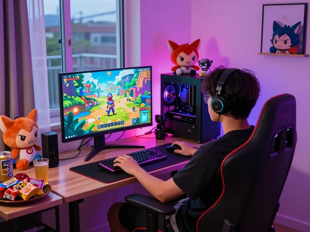 Engaging gamer playing a hentai game in a vibrant gaming setup.