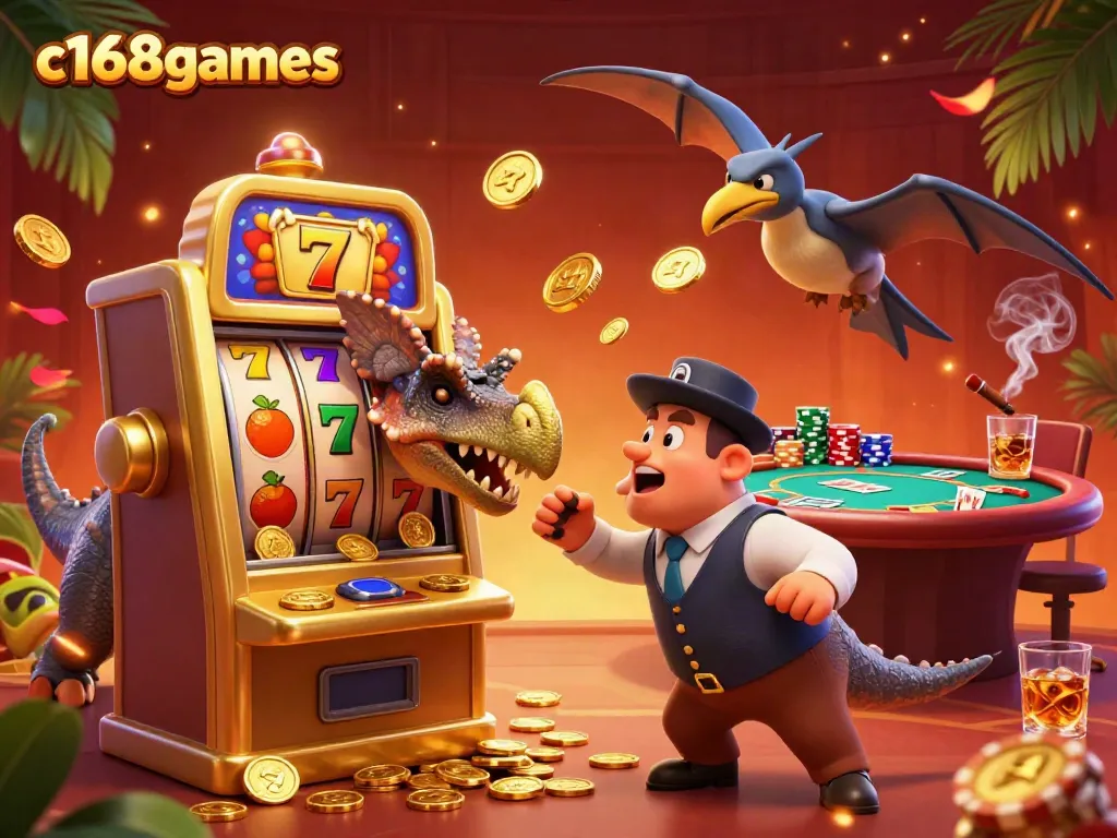 Experience excitement at c168games with a dinosaur-themed casino bursting with golden coins and vibrant game elements.