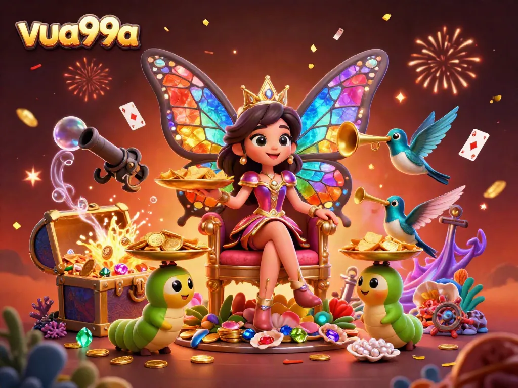 Experience the vibrant world of vua99a with a stunning 3D scene featuring a butterfly queen and treasure elements amidst casino excitement.