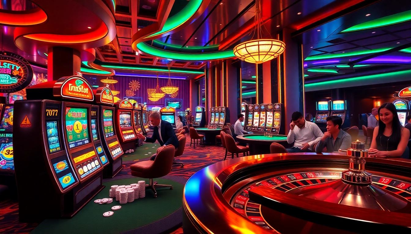 Players enjoying the thrill of Idnslot with vibrant slot machines and exciting gameplay in a luxurious casino setting.