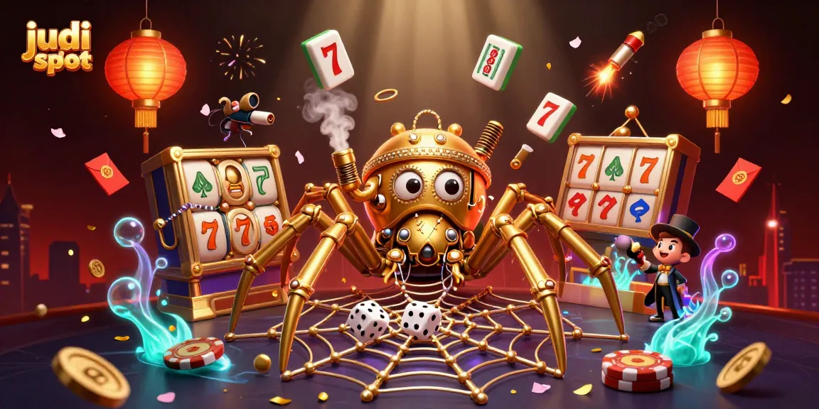 Engage in judi slot gameplay surrounded by vibrant symbols and animated elements in a lively casino scene.