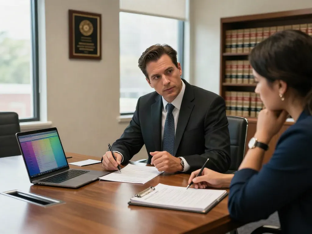 A Cobb County DUI lawyer consulting with a client at an oak desk surrounded by legal documents, highlighting important DUI defenses.