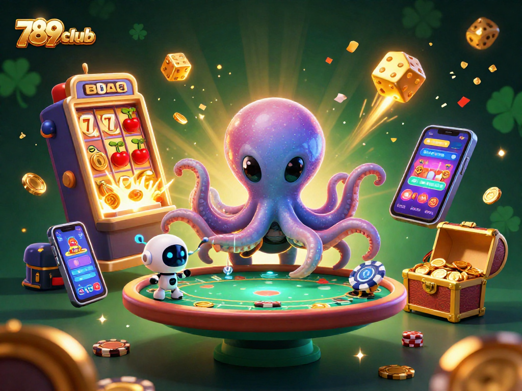 Experience the thrill of gaming at 789club with a vibrant 3D casino scene featuring a dynamic alien octopus and a tiny robot.