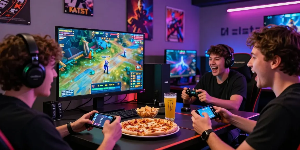 LUCK8 online gaming group celebrating a win with snacks and vibrant visuals