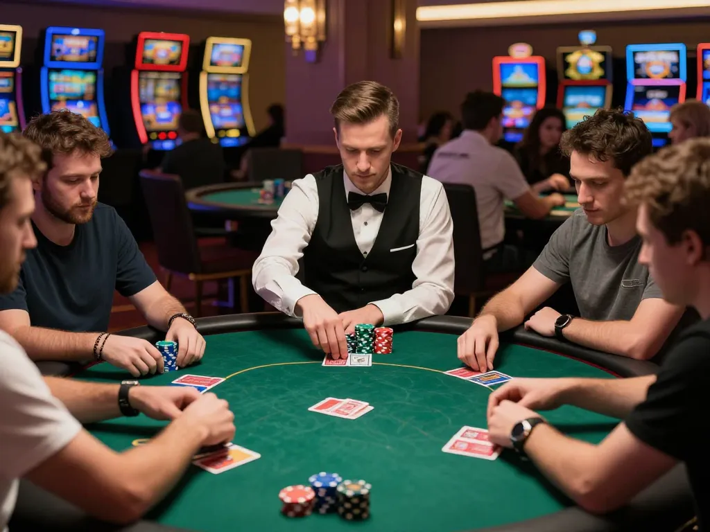 Nohu78 players strategizing in an exciting poker game at a vibrant casino table