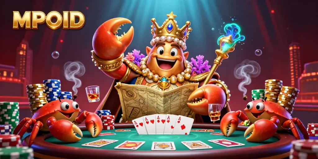 Experience MPOID with a golden crab emperor in a vibrant casino scene full of poker chips and community cards.