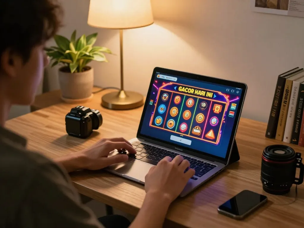 Engaging with slot gacor hari ini through an online gaming tablet in a cozy home setting
