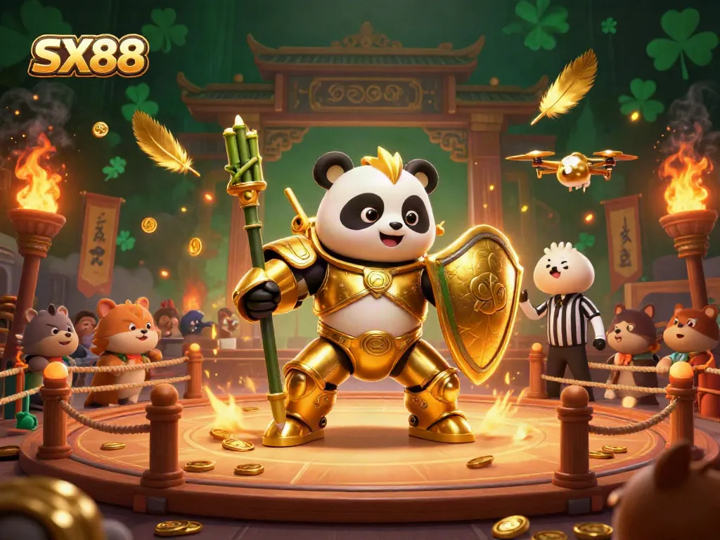 SX88 captivating gambling arena with a golden panda in mech-suit and vibrant casino elements