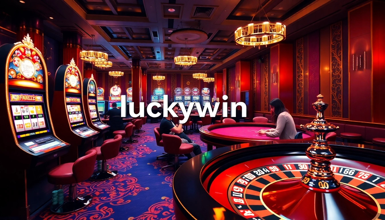 Experience the excitement of luckywin with players at vibrant casino tables and spinning roulette wheels.