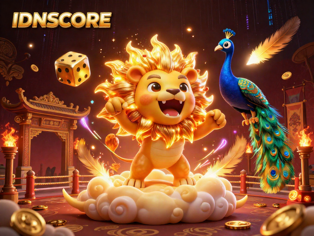 IDNSCORE: Experience exhilarating gaming action with a roaring lion and golden dice in a vibrant casino scene.