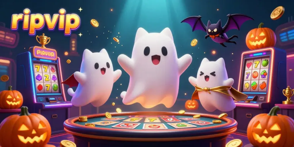 Experience fun and thrills at ripvip with a friendly ghost cat and vibrant casino elements.