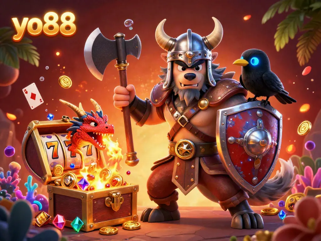 Experience thrilling gameplay at yo88 with a Viking wolf warrior, fierce dragon, and vibrant gaming elements.