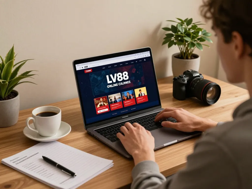 Engaging with the LV88 online casino app at a cozy home desk, showcasing strategic gambling.